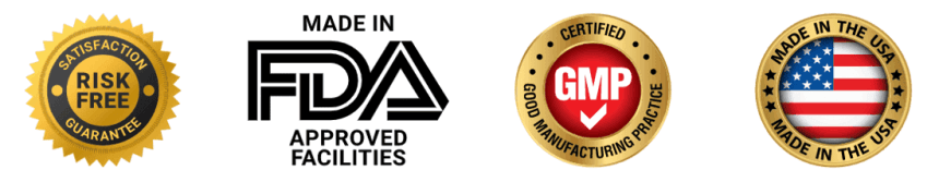 Certification badges for Fit Burn: GMP certified, FDA registered, made in USA, non-GMO, natural ingredients